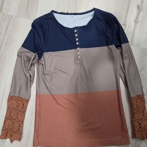 photos.Colorblock Long Sleeve Top with Lace Cuffs